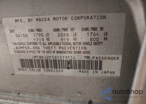 2006 Mazda Mazda3 I из США, поврежденный, VIN JM1BK32F561519554